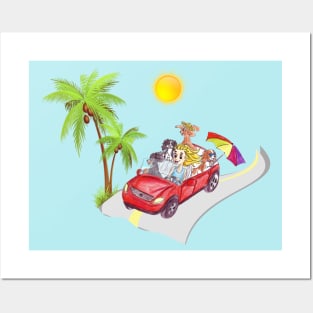 4 Cavalier King Charles Spaniels Driving to the Beach Posters and Art